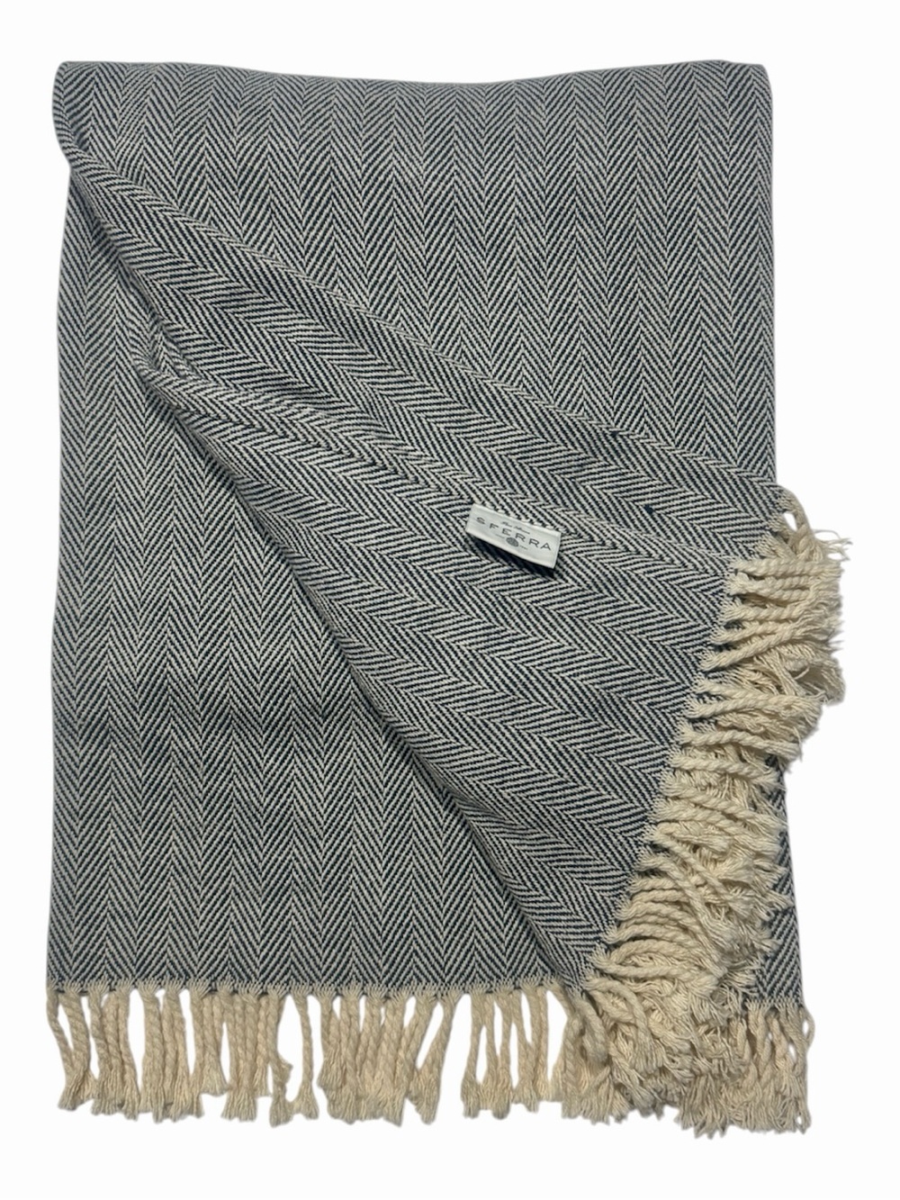 SFERRA Throw “Celine” Navy and Cream Herringbone 100% Cotton Luxury Designer